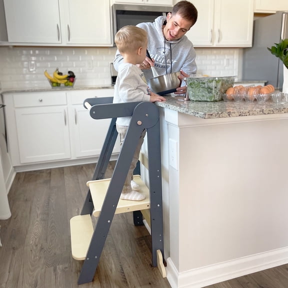 HARPPA Foldable Toddler Kitchen Tower, Standing Tower for Kids Age 1.5-6 Years, Gray