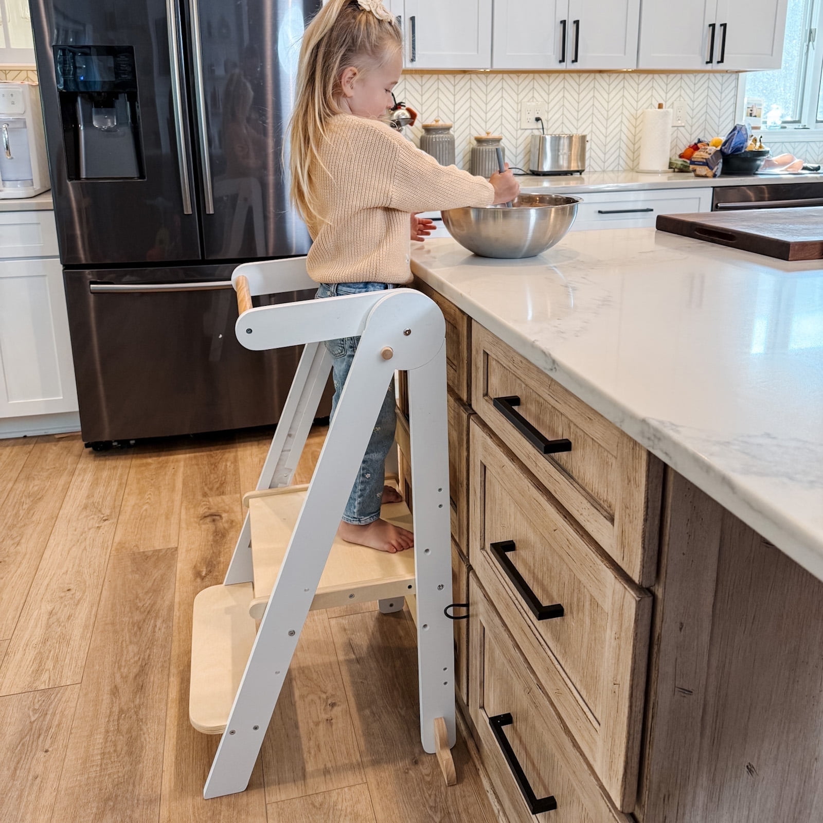 Walmart promo code:  HARPPA Sturdy Montessori Foldable Step Stool for Kids 18 months-6 Years, Adjustable Height Kitchen Tower, White