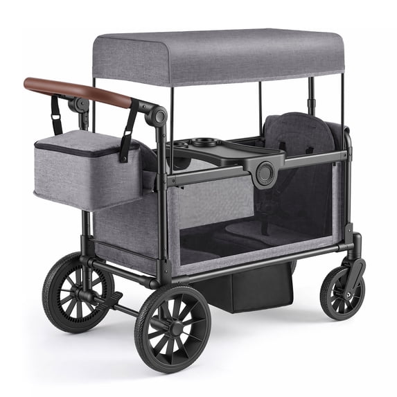 HARPPA Foldable Wagon Stroller for 2 Kids, Kids Wagon with Canopy, 5-Point Harness, Bench Seat, Gray