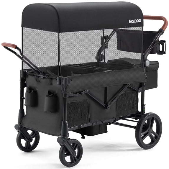 HARPPA Foldable Wagon Stroller for 2 Toddlers with Pull & Push Handle, Canopy, 32.9lbs, Black