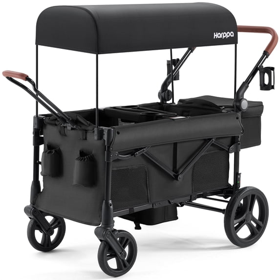 HARPPA Foldable Wagon Stroller for 2 Toddlers with Pull & Push Handle, Canopy, 32.9lbs, Black