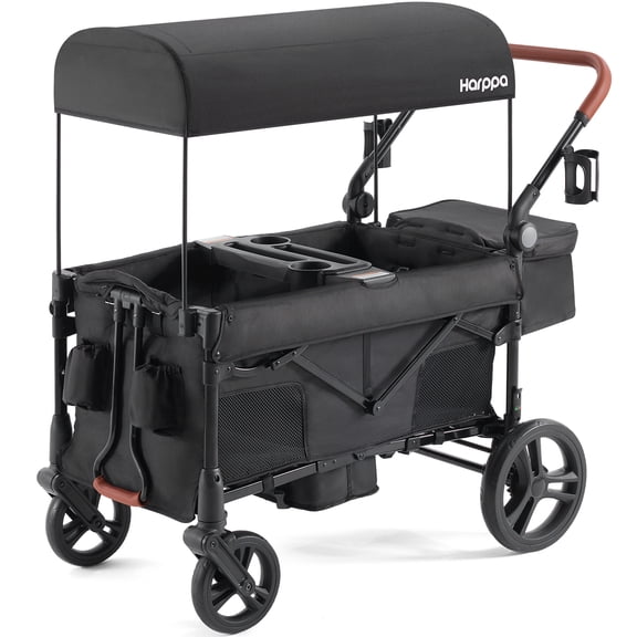 HARPPA Foldable Wagon Stroller for 2 Toddlers with Pull & Push Handle, Canopy, 32.9lbs, Black