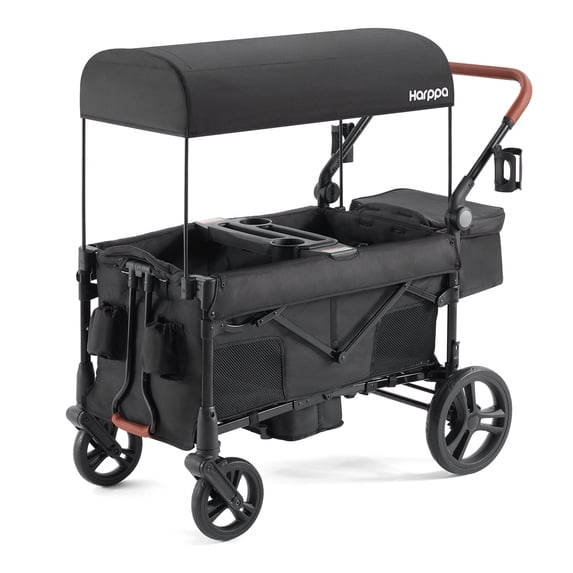 HARPPA Foldable Wagon Stroller for 2 Toddlers with Pull & Push Handle, Canopy, 32.9lbs, Black