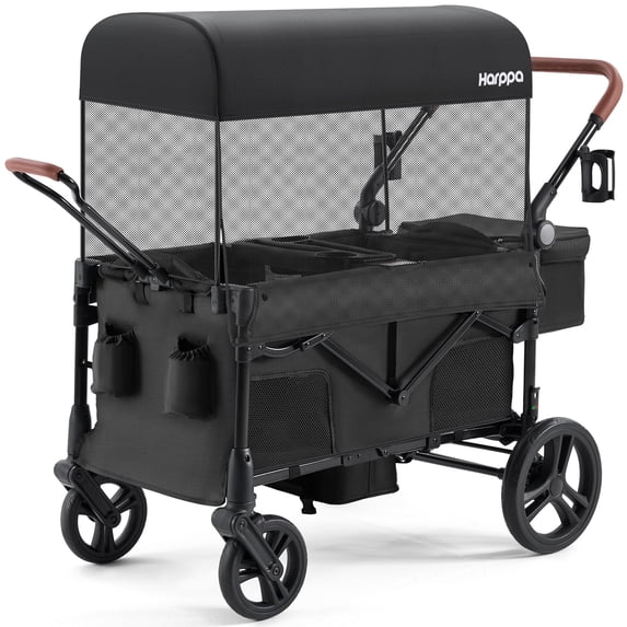 HARPPA Foldable Wagon Stroller for 2 Toddlers with Pull & Push Handle, Canopy, 32.9lbs, Black