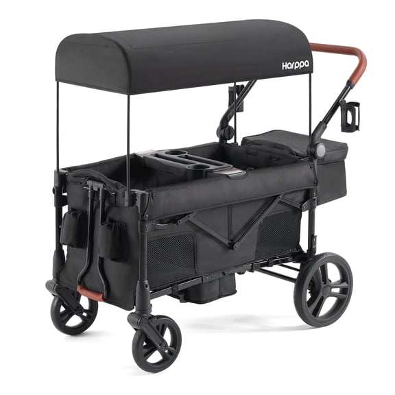 HARPPA Foldable Wagon Stroller for 2 Toddlers with Pull & Push Handle, Canopy, 32.9lbs, Black