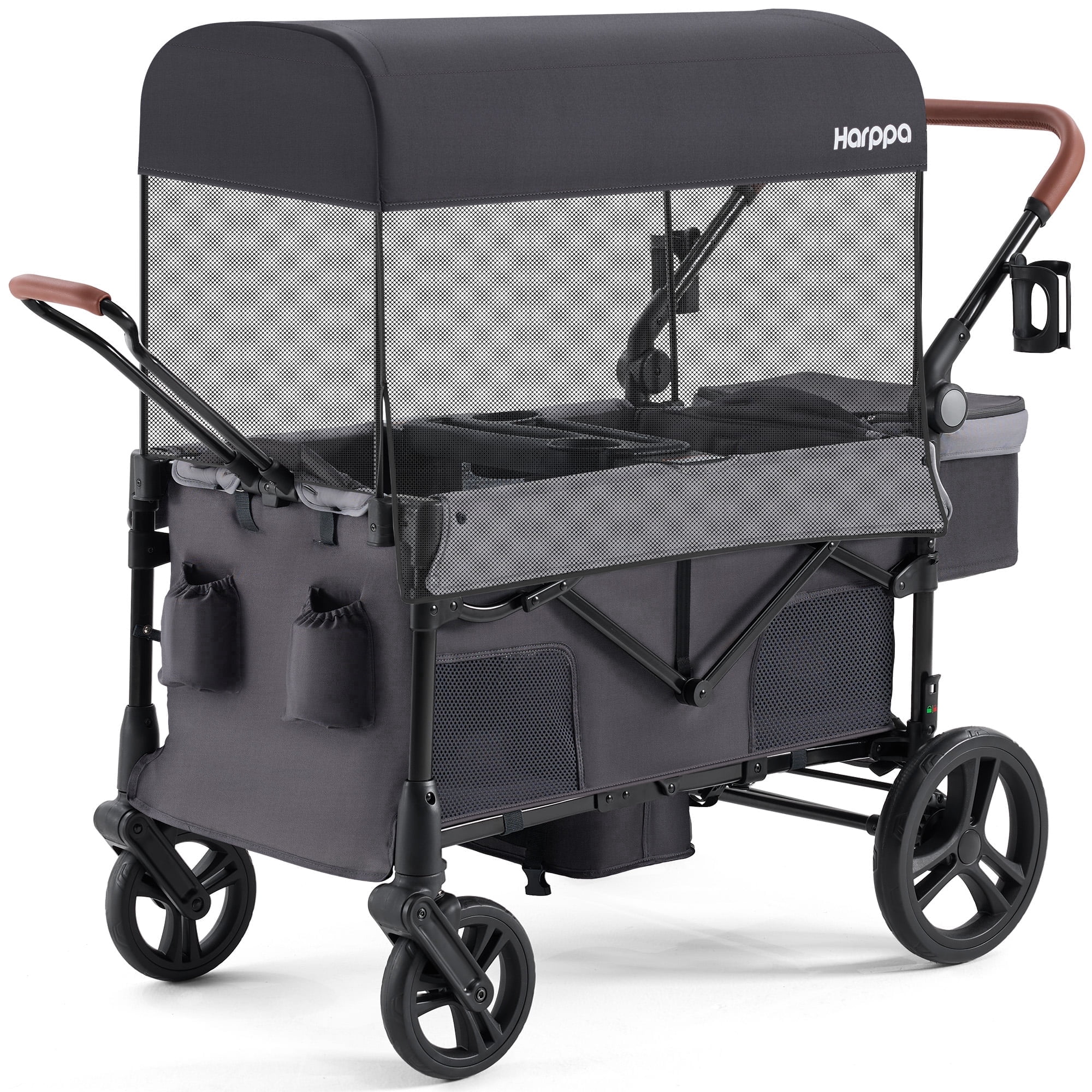 HARPPA Foldable Wagon Stroller for 2 Toddlers with Pull & Push Handle, Canopy, 32.9lbs, Gray