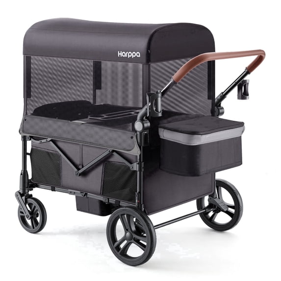 HARPPA Foldable Wagon Stroller for 4 Kids with 5-Point Harness,Canopy,Gray