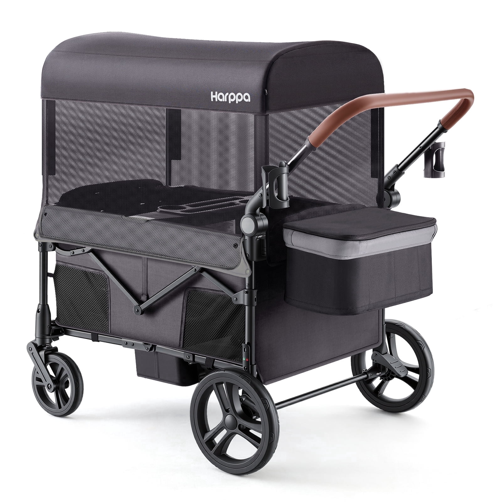 HARPPA Foldable Wagon Stroller for 4 Kids with 5-Point Harness, Canopy, Gray