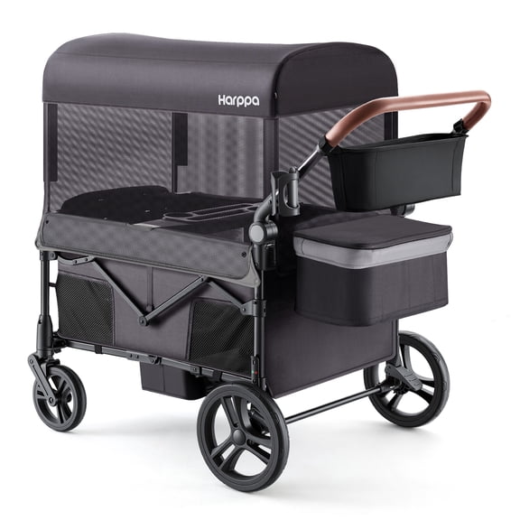 HARPPA Foldable Wagon Stroller for 4 Kids with 5-Point Harness,Canopy,Gray
