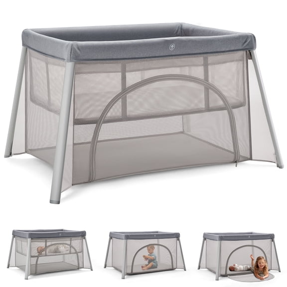 HARPPA Portable Travel Crib with Mattress, Foldable Playard for Baby and Toddler, 11lbs, Gray