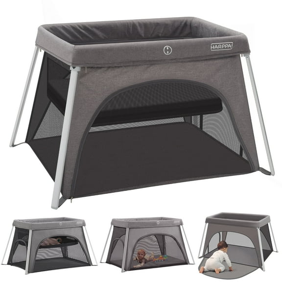 HARPPA Portable Travel Crib with Mattress, Foldable Playard for Baby and Toddler, 11lbs, Gray