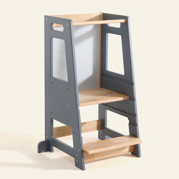 HARPPA Toddler Tower with Adjustable Height and Anti-Slip Protection, Kids Standing Tower with Safety Rail, Nordi Kids Kitchen Tower with Chalkboard, Gray