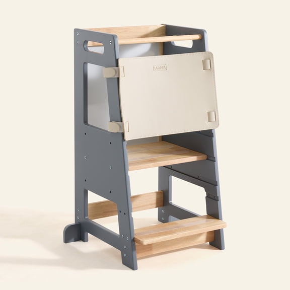 HARPPA Toddler Tower with Adjustable Height and Anti-Slip Protection, Kids Standing Tower with Safety Rail, Nordi Kids Kitchen Tower with Chalkboard, Gray