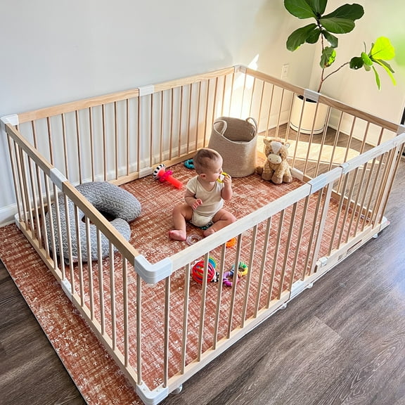 HARPPA Wooden Baby Gate Playpen, Large Play Yard Fence for Toddlers, Adjustable Shape, 56" x 56" x 24"