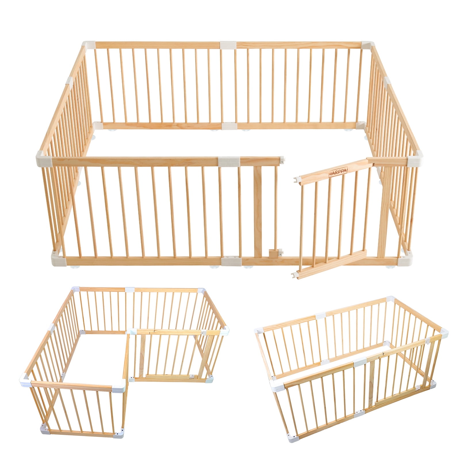 HARPPA Wooden Baby Gate Playpen, Large Play Yard Fence for Toddlers, Adjustable Shape, 57" x 57" x 24"