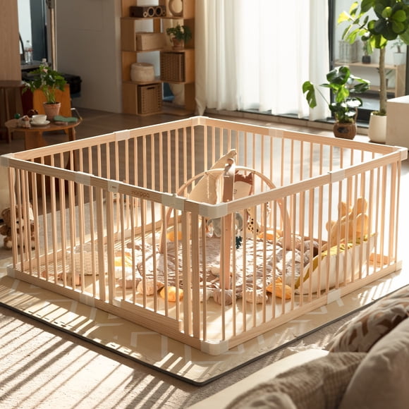 HARPPA Wooden Baby Playpen with Gate, Adjustable Panel Play Yard Fence for Toddlers, 57" x 57" x 24"