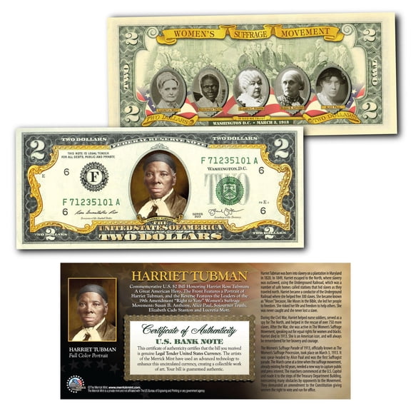 HARRIET TUBMAN "Women's Suffrage" Official Genuine Legal Tender 2-Sided Colorized Two Dollar Bill - Ships Free & Fast to U.S.