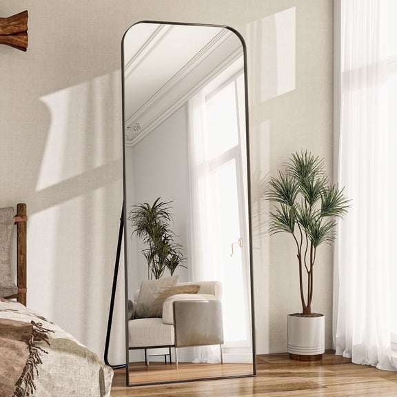 YVANLA 21"x56" Top Rounded Corner Full Length Floor Mirror with Aluminum Alloy Frame, Black