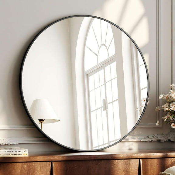 YVANLA 24" Rounded Bathroom Wall Mirror Vanity Mirror,Black