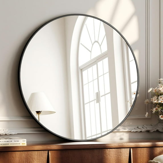 YVANLA 24" Rounded Bathroom Wall Mirror Vanity Mirror,Black
