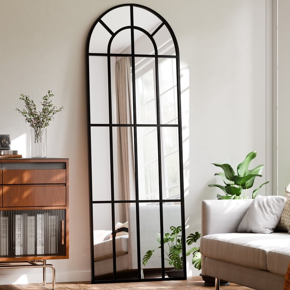 YVANLA 25"x69" Arched-Top Window Pane Full Length Mirror Wall-Decor Mirror, Black
