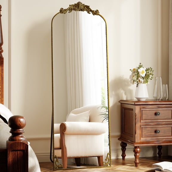 YVANLA 64"x21" Vintage Arched Full Length Mirror with Carved Metal Frame Baroque Style Floor Mirror, Antique Gold