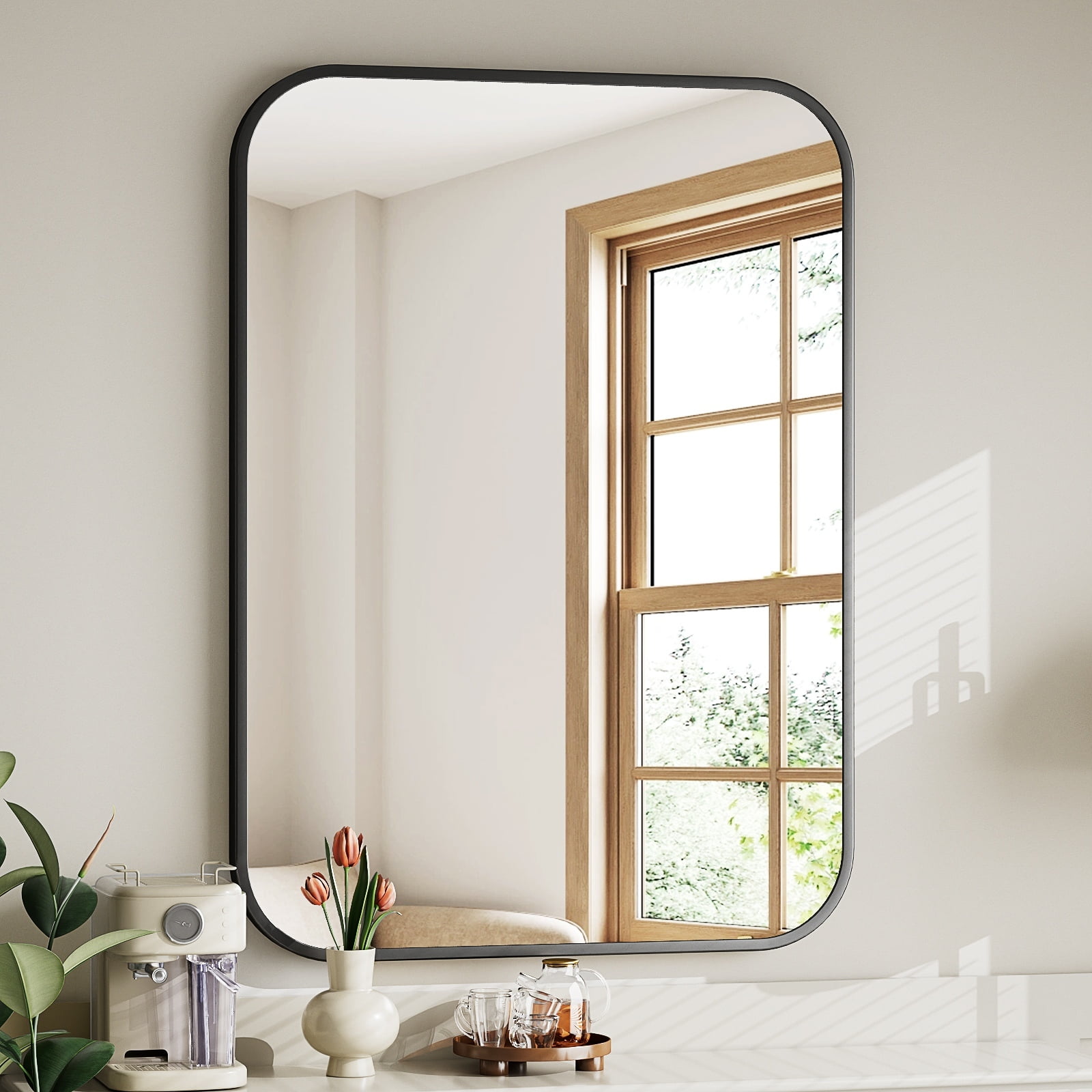 YVANLA 28″x20″ Rectangular Bathroom Mirror Round-edged Wall Mounted Mirror with Aluminum Alloy Frame, Black