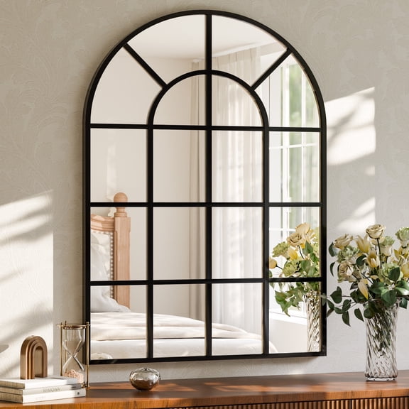 YVANLA 30"x40" Arched Window Pane Bathroom Mirror Decorative Grid Wall Mirror, Black