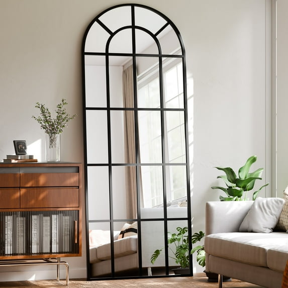 YVANLA 30"x71" Arched-Top Window Pane Full Length Mirror Wall-Decor Mirror, Black