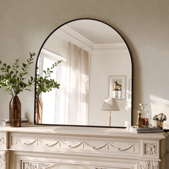 YVANLA 34"x32" Arched Bathroom Mirror Wall Mounted Mirror with Aluminum Alloy Frame, Black