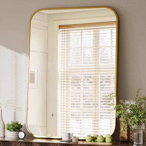 YVANLA 36"x24" Rectangular Bathroom Mirror Round-edged Wall Mounted Mirror with Aluminum Alloy Frame, Gold