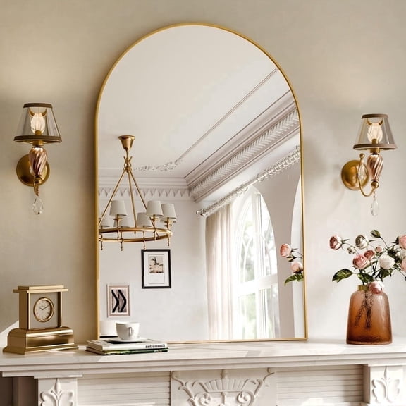YVANLA 38"x26" Arched Bathroom Mirror Wall Mounted Mirror with Aluminum Alloy Frame, Gold