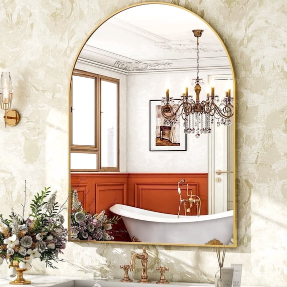 YVANLA 42"x32" Arched Bathroom Mirror Wall Mounted Mirror with Aluminum Alloy Frame, Gold