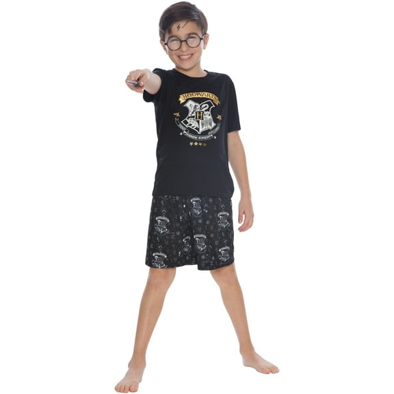 Harry Potter Boys' Pajama Hogwarts Castle Wizard Crest 2 Piece Short Sleeve Shirt and Shorts Lounge Sleep Set