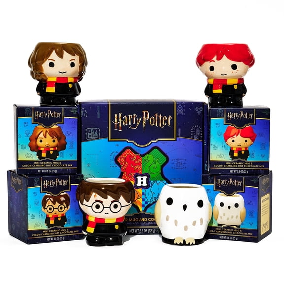 HARRY POTTER Character Ceramic Mug Gift Set with Color-Changing Hot Cocoa, a Christmas and Collector Gift for Fans, 4 Mini Mugs and Hot Chocolate Mix