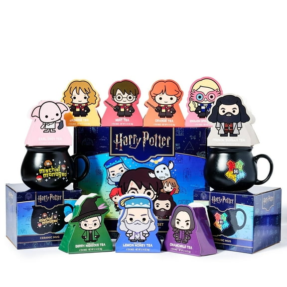 HARRY POTTER Character Tea Assortment Gift Set, Includes a Pair of Cauldron Mugs and 36 Black and Green Tea Bags in 9 Flavors