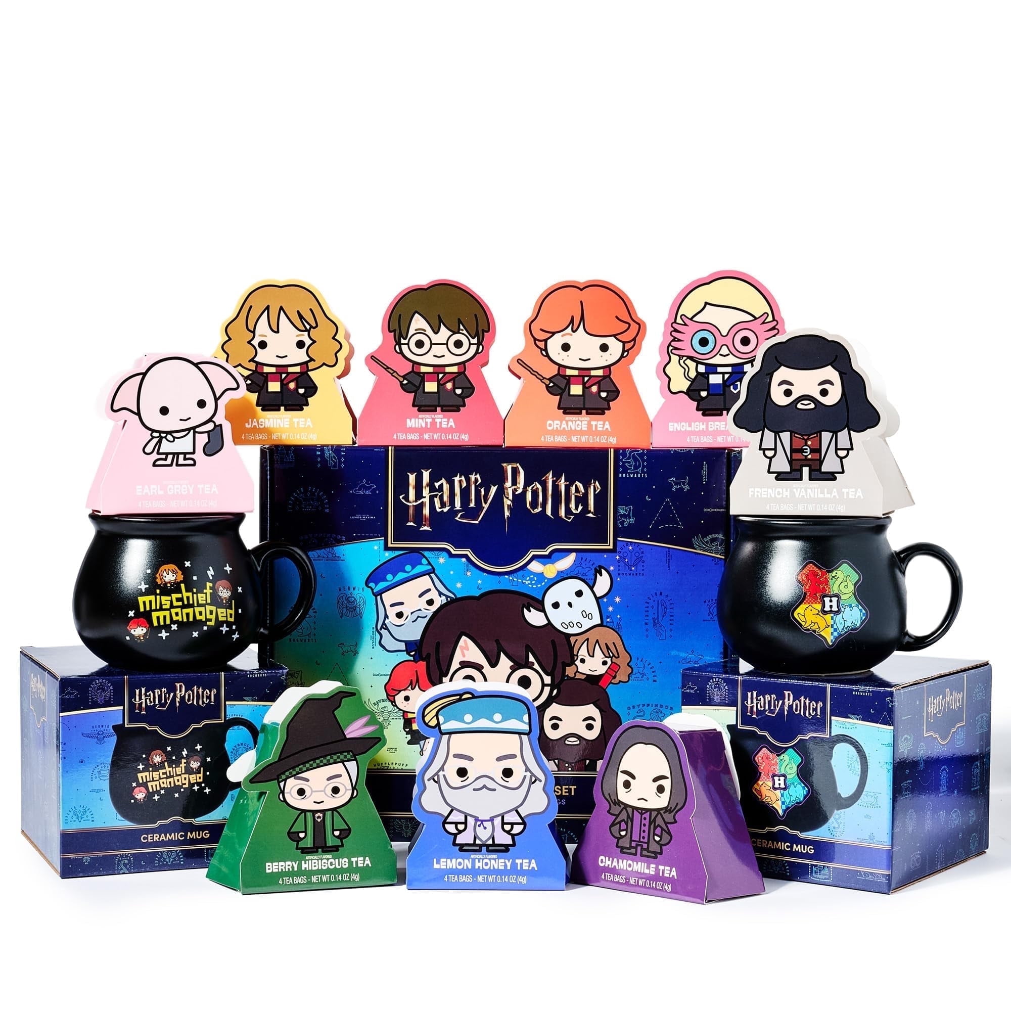 Thoughtfully HARRY POTTER Character Tea Assortment Gift Set, Includes a Pair of Cauldron Mugs and 36 Black and Green Tea Bags in 9 Flavors
