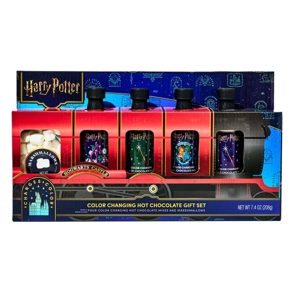 HARRY POTTER Color Changing Hot Chocolate Gift Set, a Perfect Christmas Stocking Stuffer and Birthday Gift for Fans, Includes 4 Bottles of Hot Cocoa Mix and Marshmallows in Hogwarts Express Train Box
