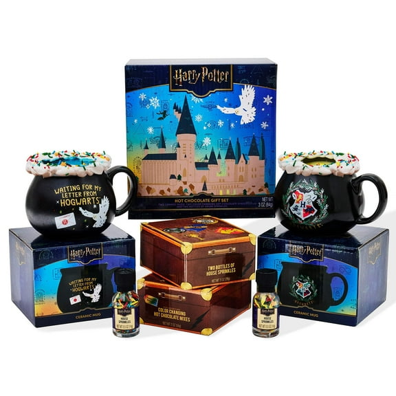 Harry Potter Hot Chocolate Mug Gift Set, Includes 2 Color Changing Hot Chocolate Mixes, 2 House Sprinkles & 2 Cauldron Mugs for Valentine's Day Gifts