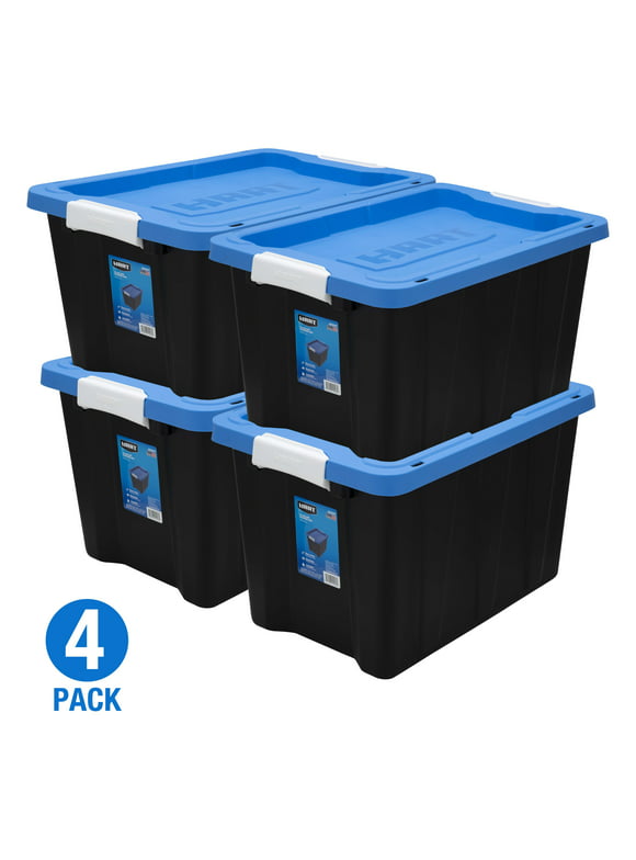 HART 12 Gallon Latching Plastic Storage Bin Container, Black with Blue Lid, Set of 4