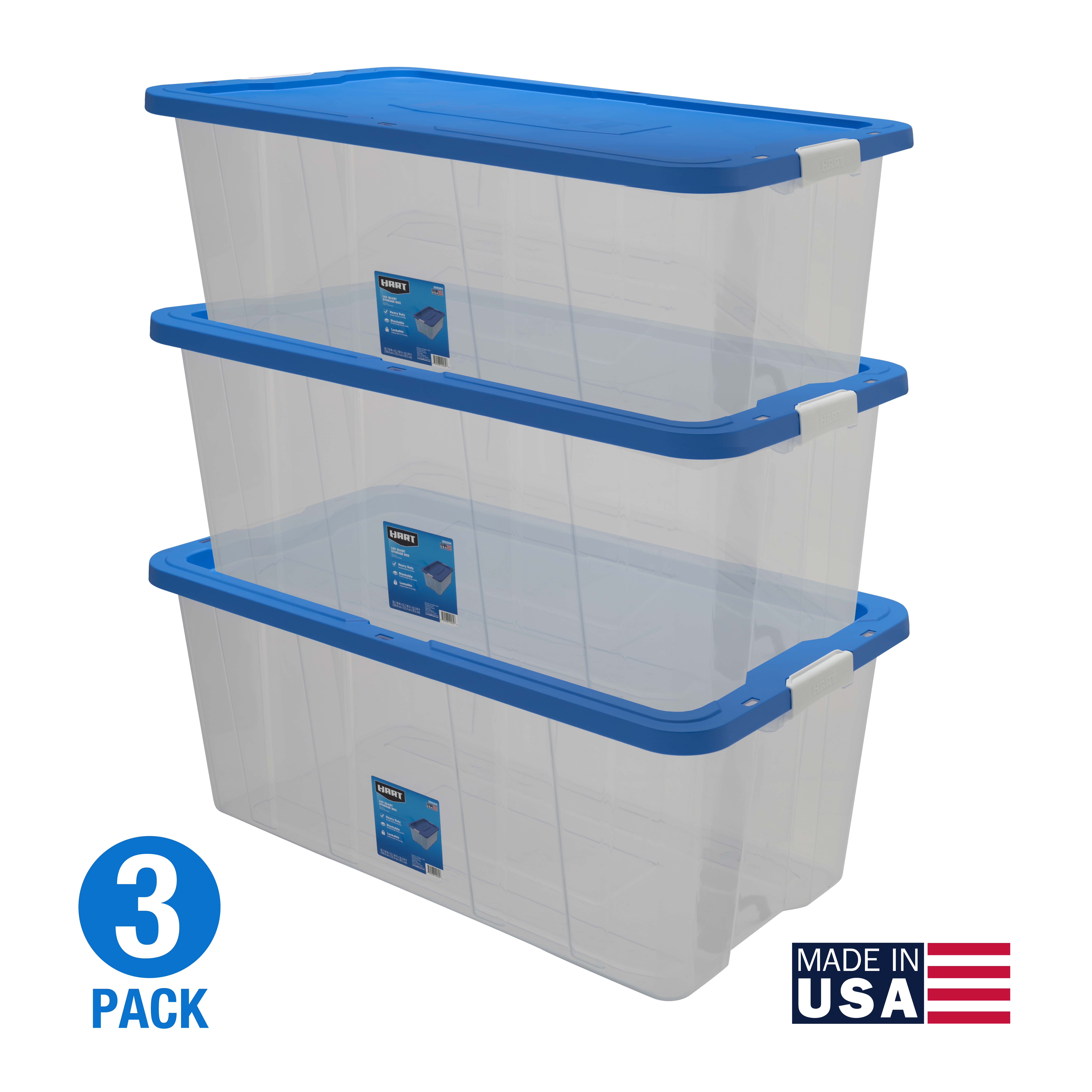 HART 160 Quart Latching Plastic Storage Bin Container, Clear, Set