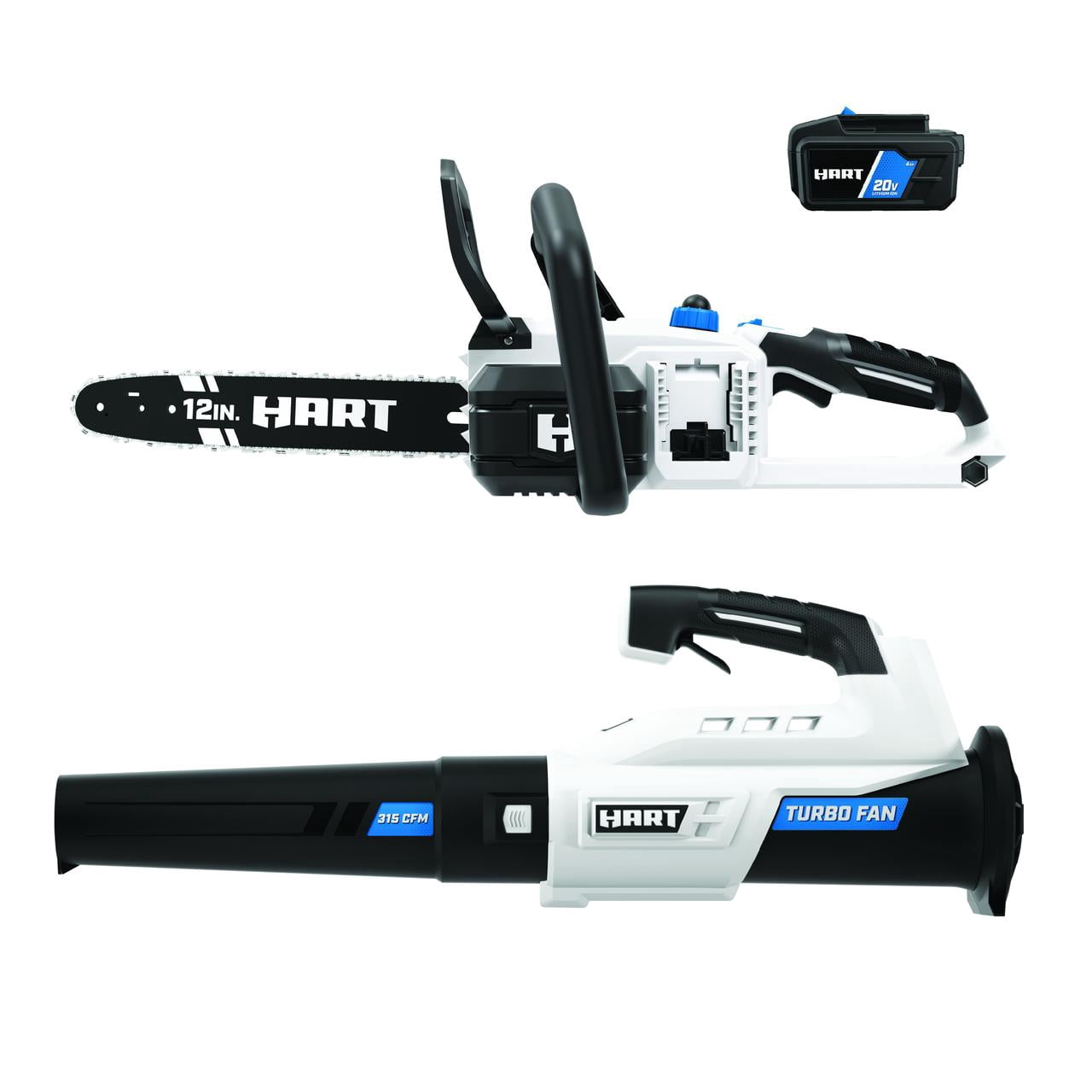 HART 20-Volt 12-Inch Battery Powered Chainsaw with Turbo Fan Blower Kit