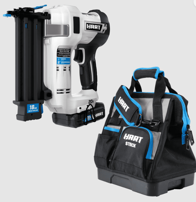 HART 20 Volt 18-Gauge 2-inch Brad Nailer Kit and Stack 12-inch Tool Bag (1) and 20 Volt 1.5Ah Battery
