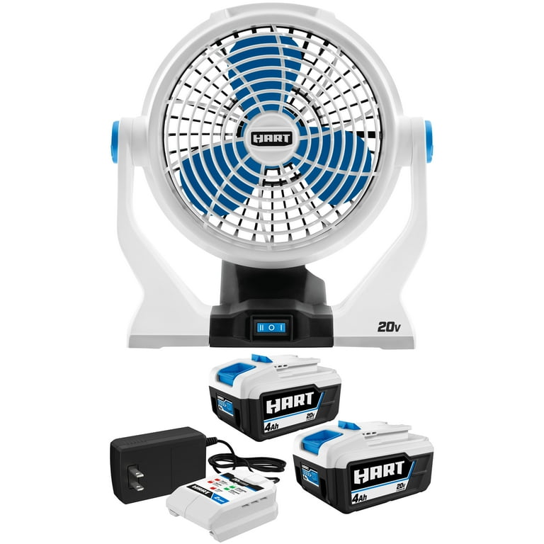 HART 20-Volt 2-Pack 4Ah and Charger Starter Kit and 7.5-inch Fan