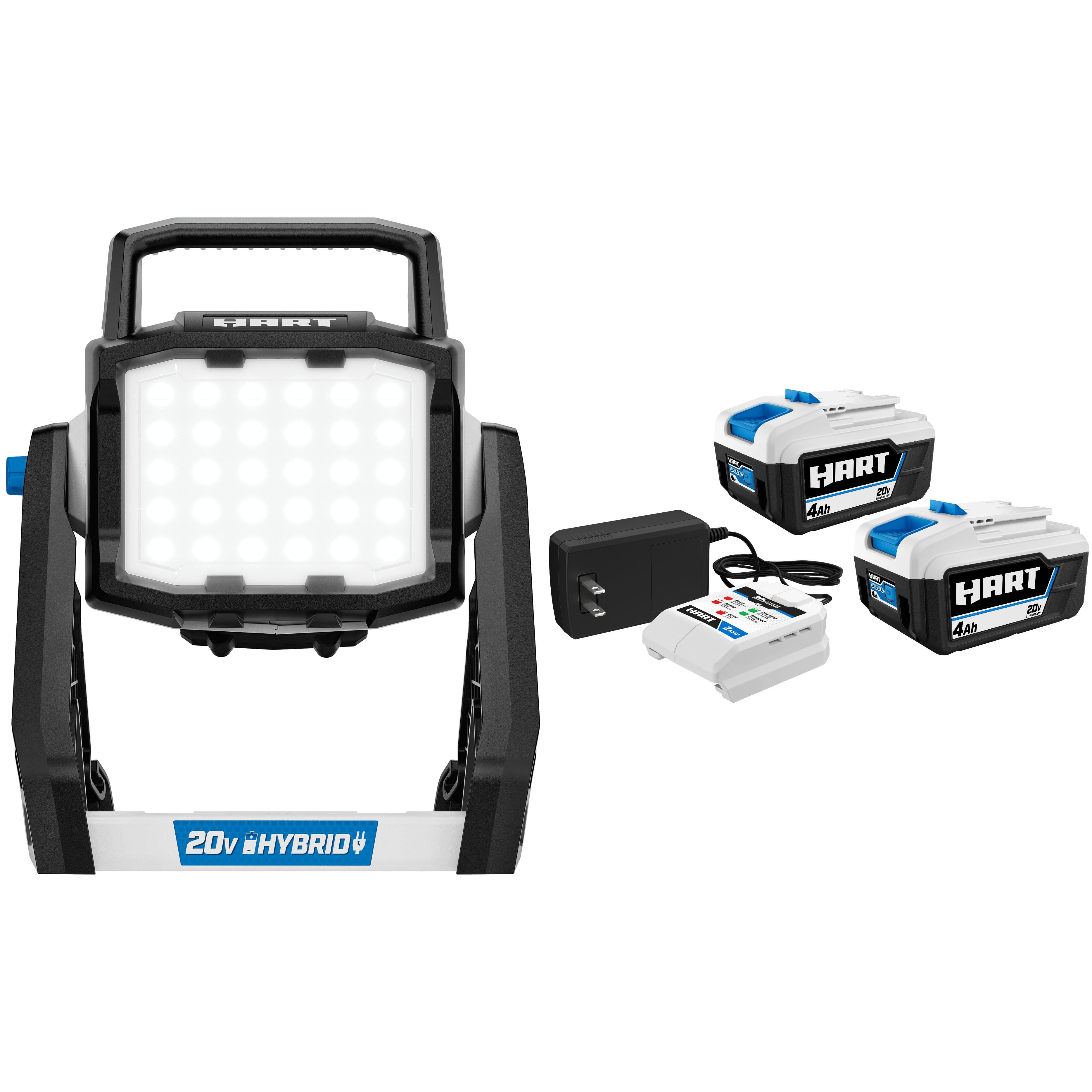 HART 20-Volt 2-Pack 4Ah and Charger Starter Kit and Hybrid Site Light Bundle