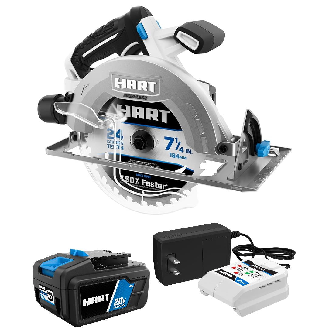 HART 20 Volt Brushless 7 1 4 Inch Circular Saw with 4Ah Battery and Charger Starter Kit Bundle Walmart