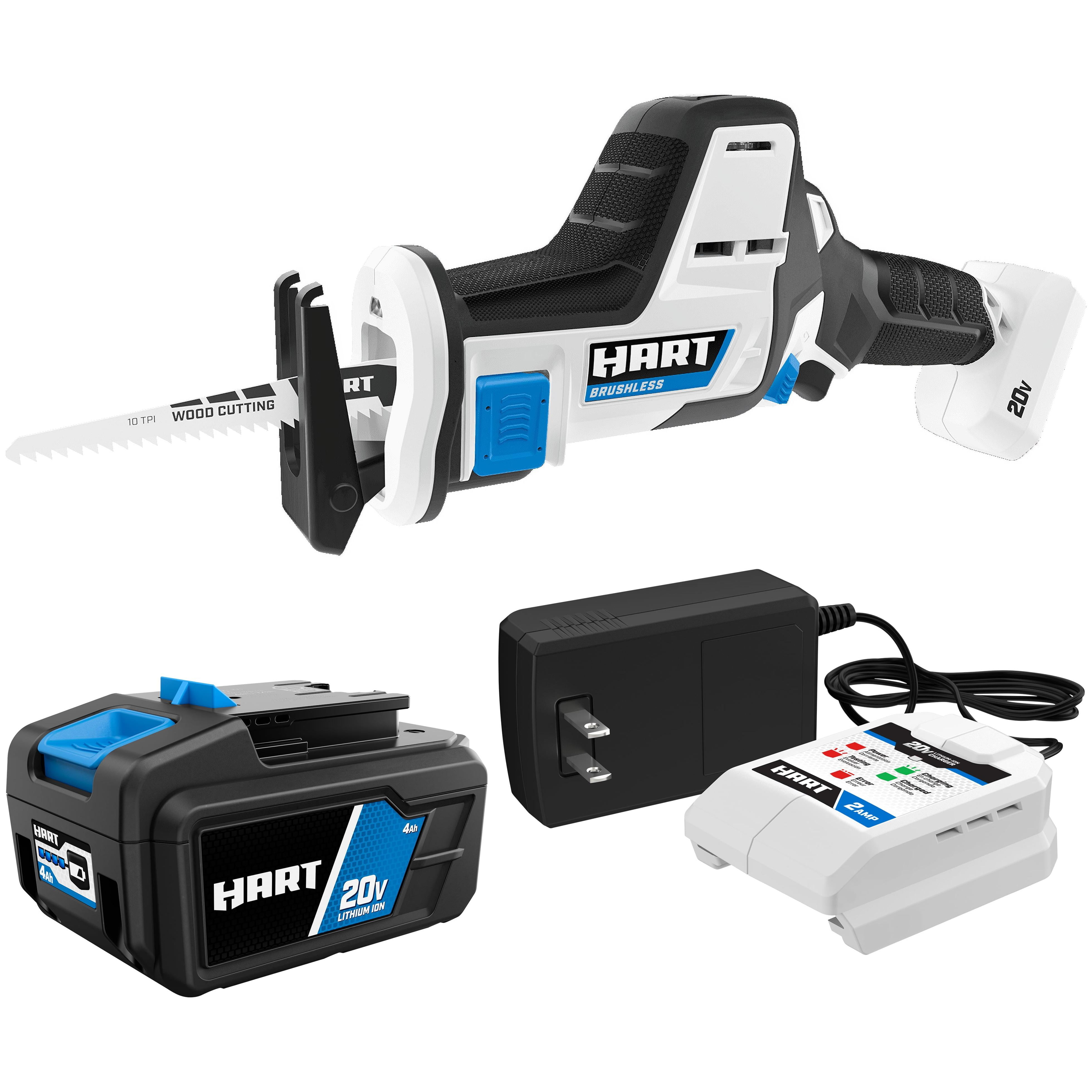 HART 20-Volt Brushless One-Handed Reciprocating Saw with 4Ah Battery and Charger Starter Kit Bundle