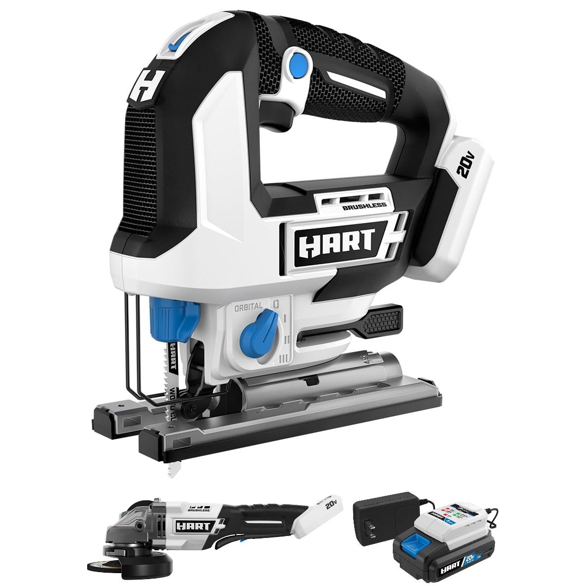 HART 20-Volt Brushless Orbital Jigsaw and Angle Grinder Bundle, (1) 2.0Ah 20V Lithium-Ion Battery and Fast Charger