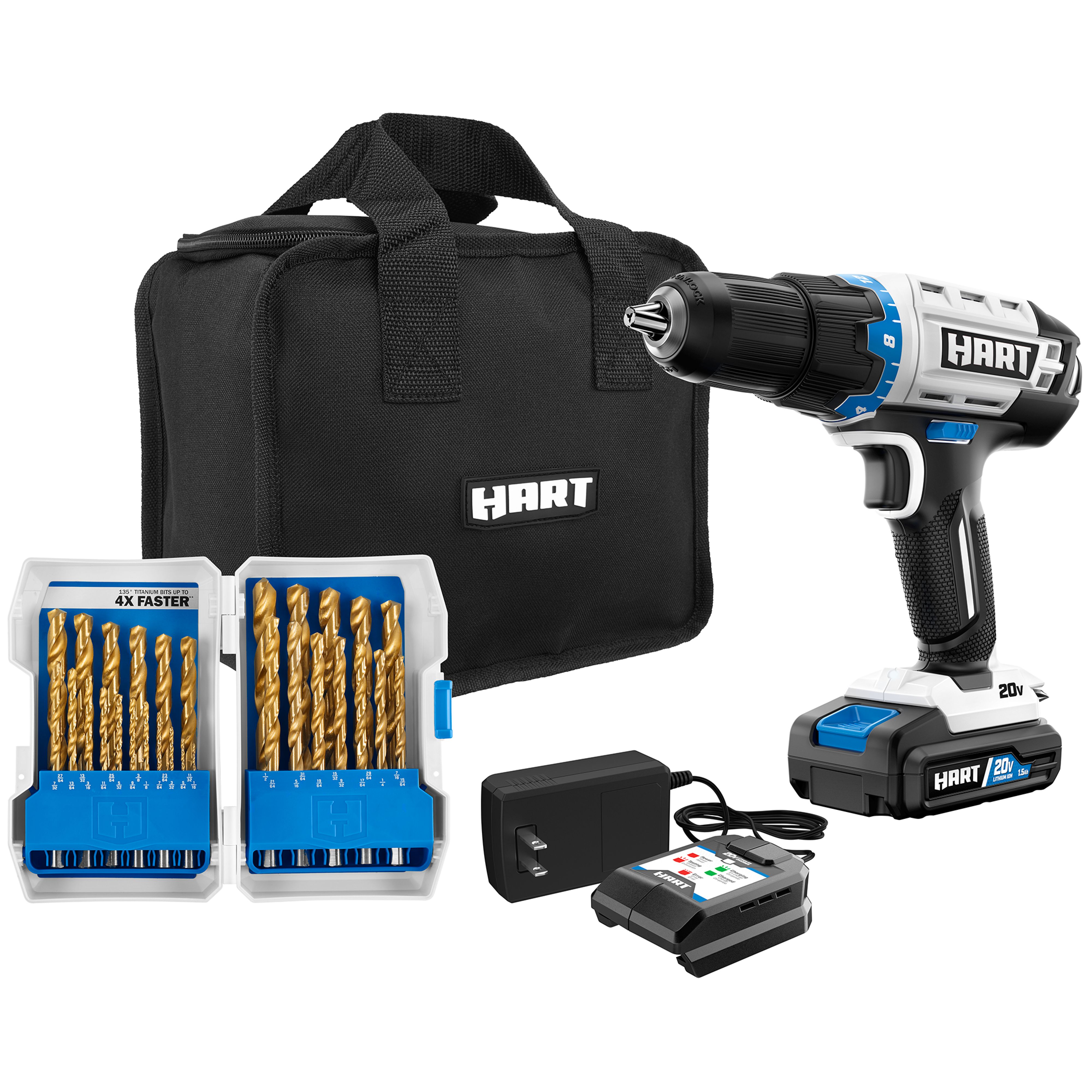 HART 20-Volt Cordless 1/2-inch Drill Kit with 29-Piece Accessory and 10-inch Storage Bag, (1) 1.5Ah Lithium-Ion Battery - image 1 of 19
