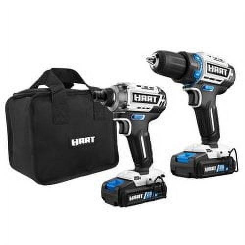 HART 20-Volt Cordless Brushless Drill and Impact Combo Kit with 10-inch Storage Bag, (2) 2.0Ah Lithium-Ion Batteries HART 20-Volt Cordless Brushless Drill and Impact Combo Kit with 10-inch Storage Bag, (2) 2.0Ah Lithium-Ion Batteries